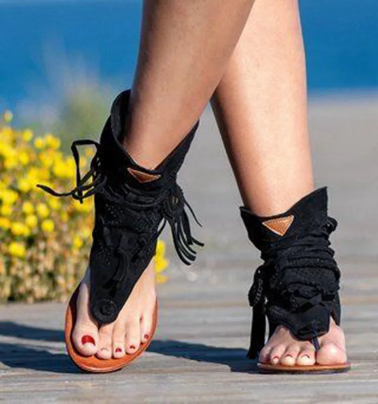 Sandálias retro com borla para mulheres, sapatos boho baixos, sapatos de praia com renda, verão