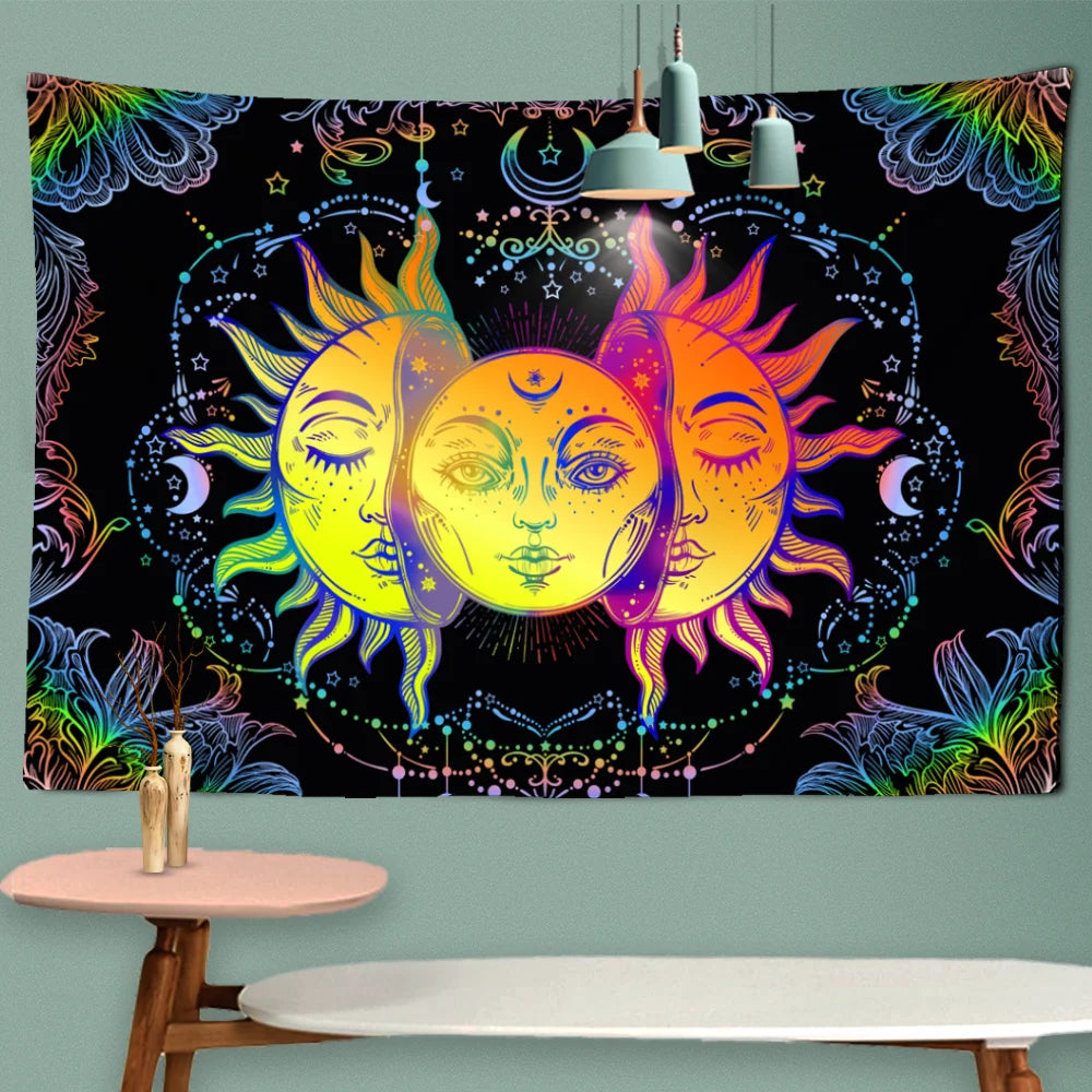 Mandala Wandteppich schwarz weiß Sonne und Mond Tarot Hippie Wandteppiche Raumdekoration