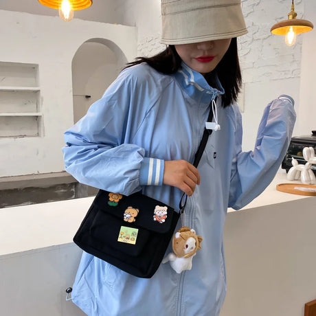 Bolsa crossbody feminina de lona,  de lona estudante casual unissex coreana moda diária