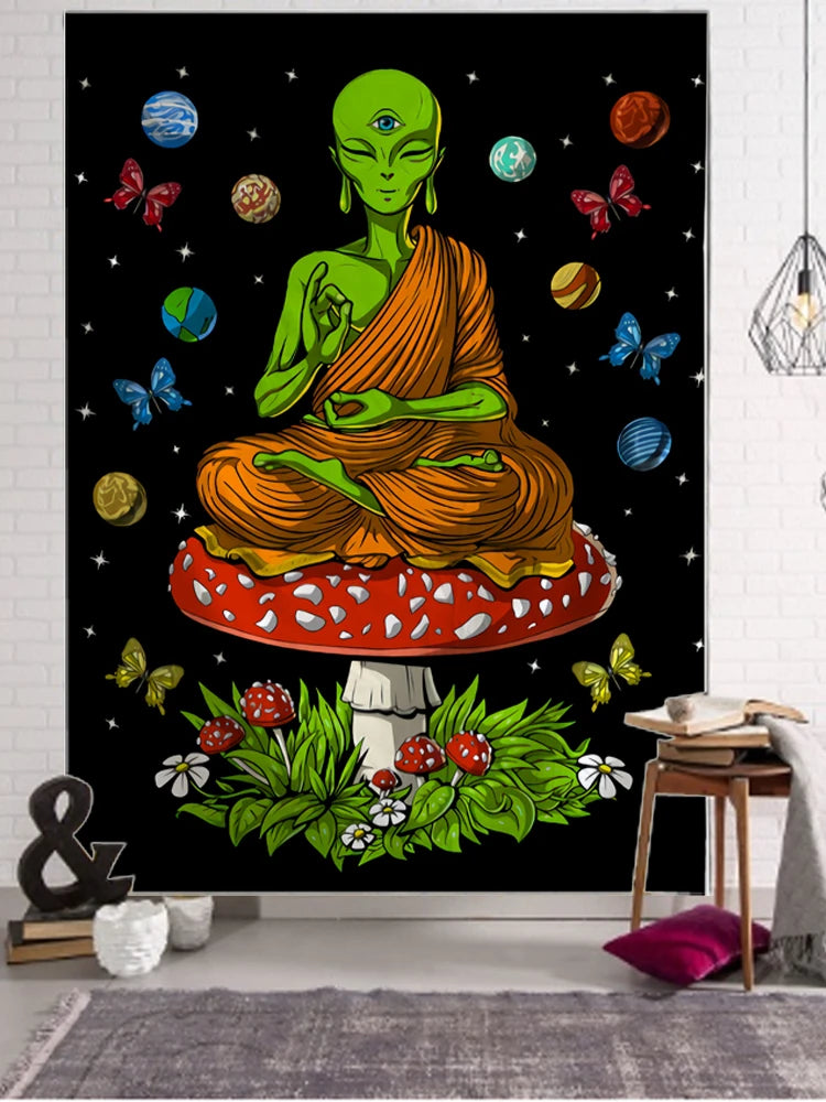 Tapeçaria Design Ilustração Alienígena Psicodélico Cogumelo UFO Decoração de Parede