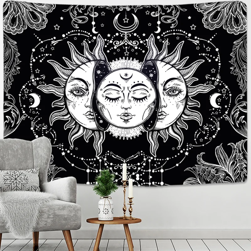 Mandala Tapeçaria branco preto Sol e Lua Tapeçaria Tarô Hippie Tapetes de Parede Decoração de Ambientes