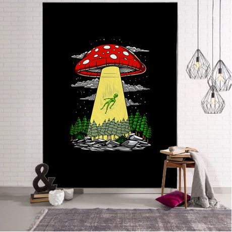 Tapeçaria Design Ilustração Alienígena Psicodélico Cogumelo UFO Decoração de Parede