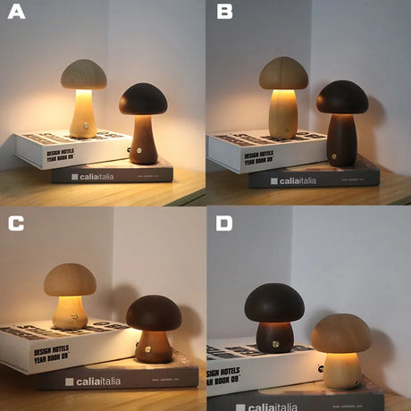 Abajur de Mesa, Cogumelo de madeira, Luz Noturna Regulável, Interruptor de Toque