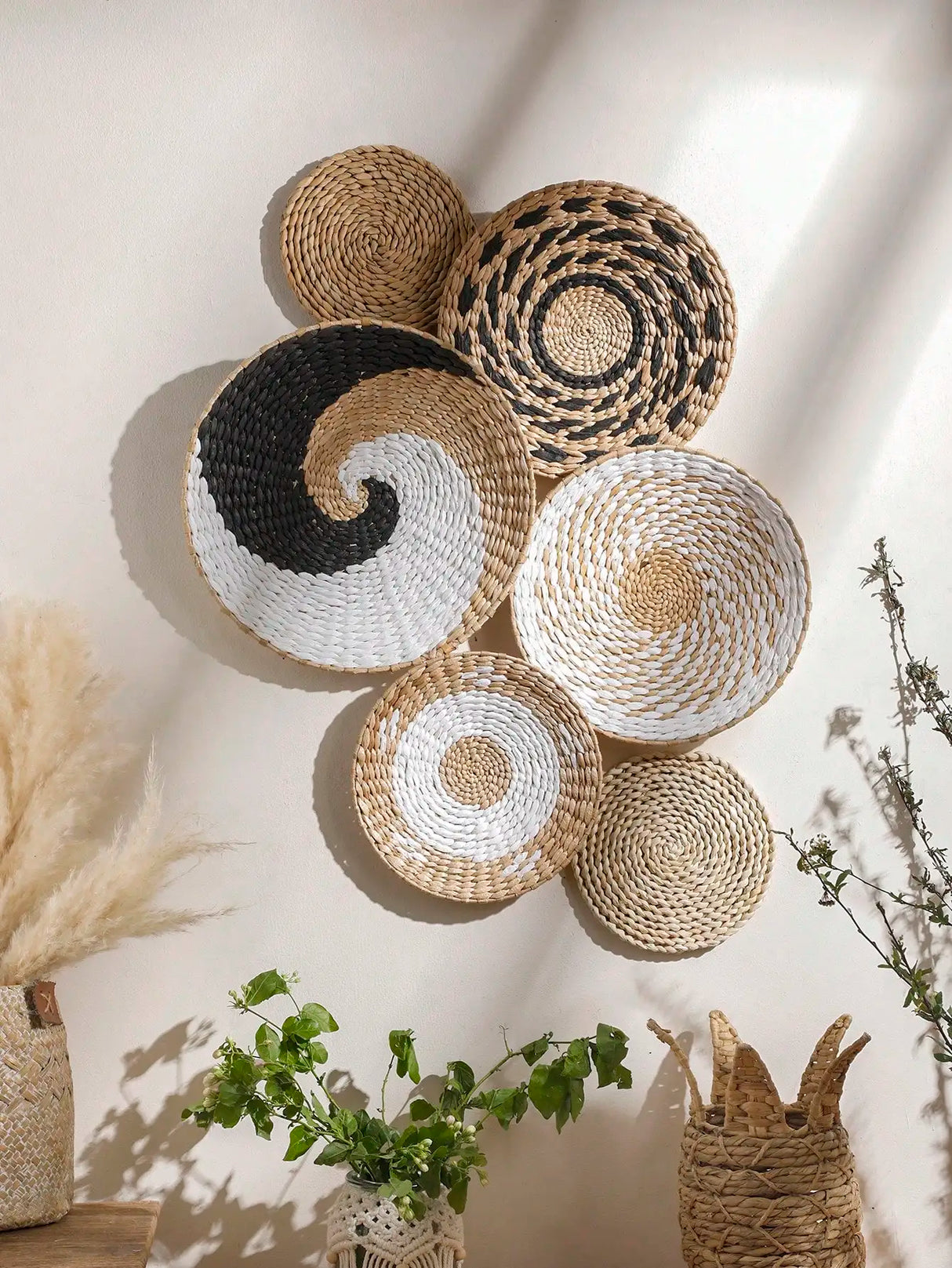 6 peças boho cesta de parede tecida à mão pendurada para casa decoração rústica cesta de parede