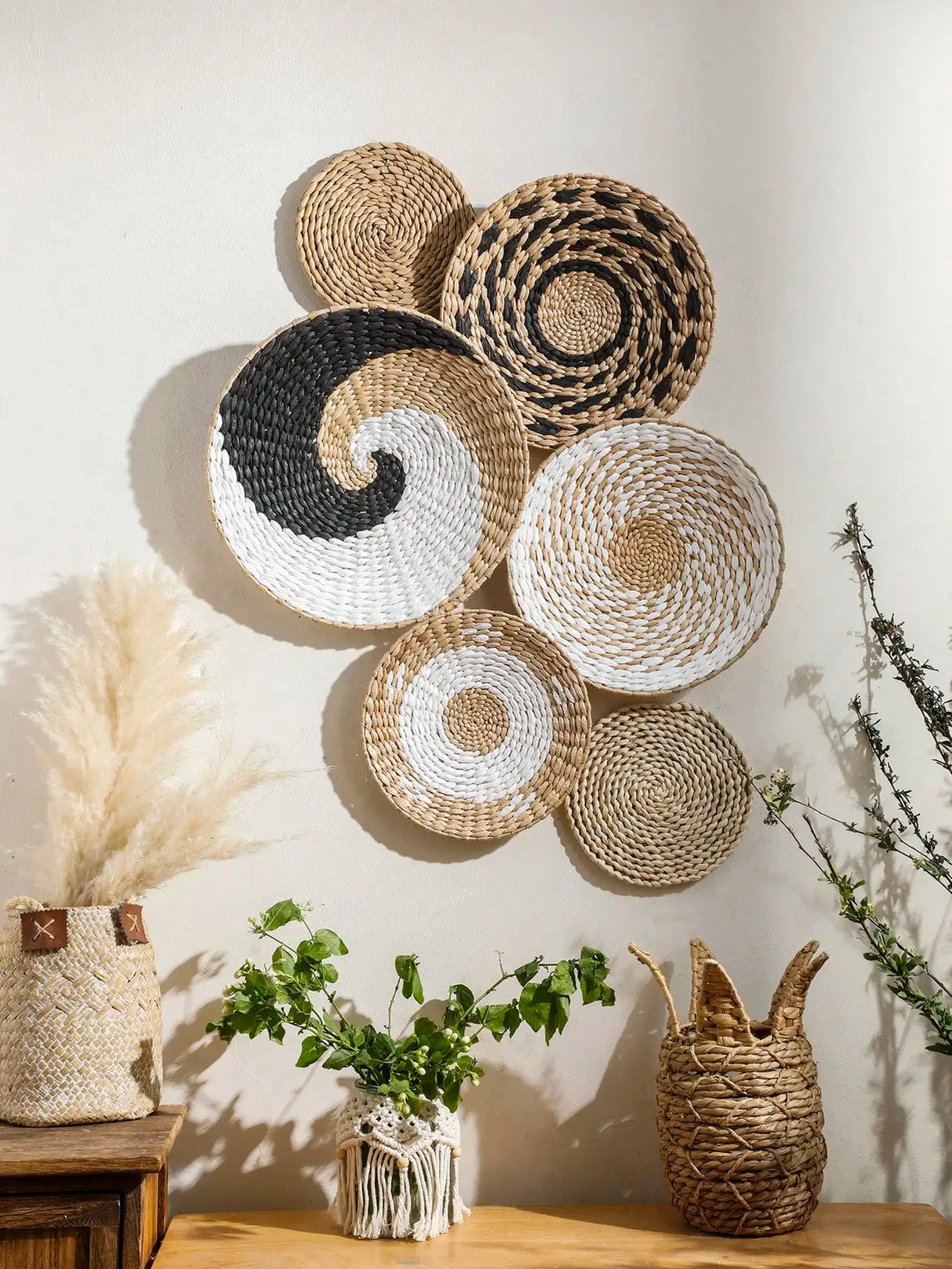 6 peças boho cesta de parede tecida à mão pendurada para casa decoração rústica cesta de parede