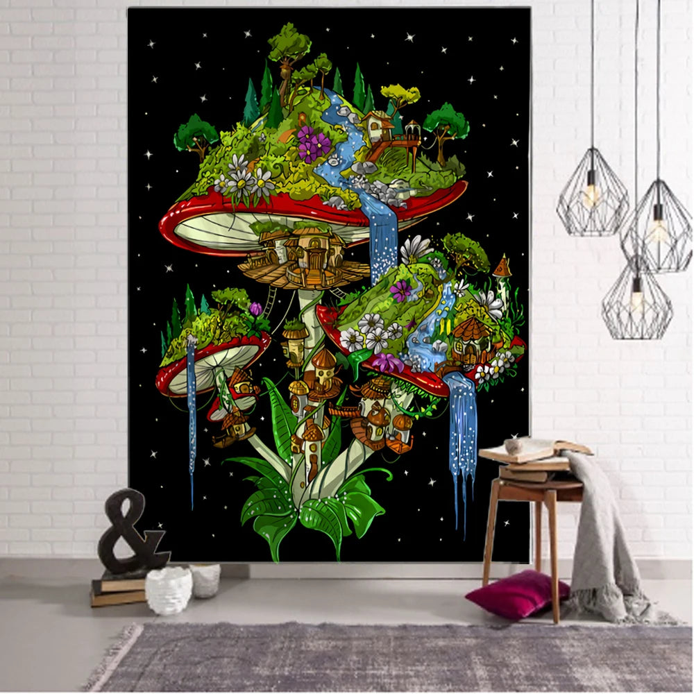 Tapeçaria Design Ilustração Alienígena Psicodélico Cogumelo UFO Decoração de Parede