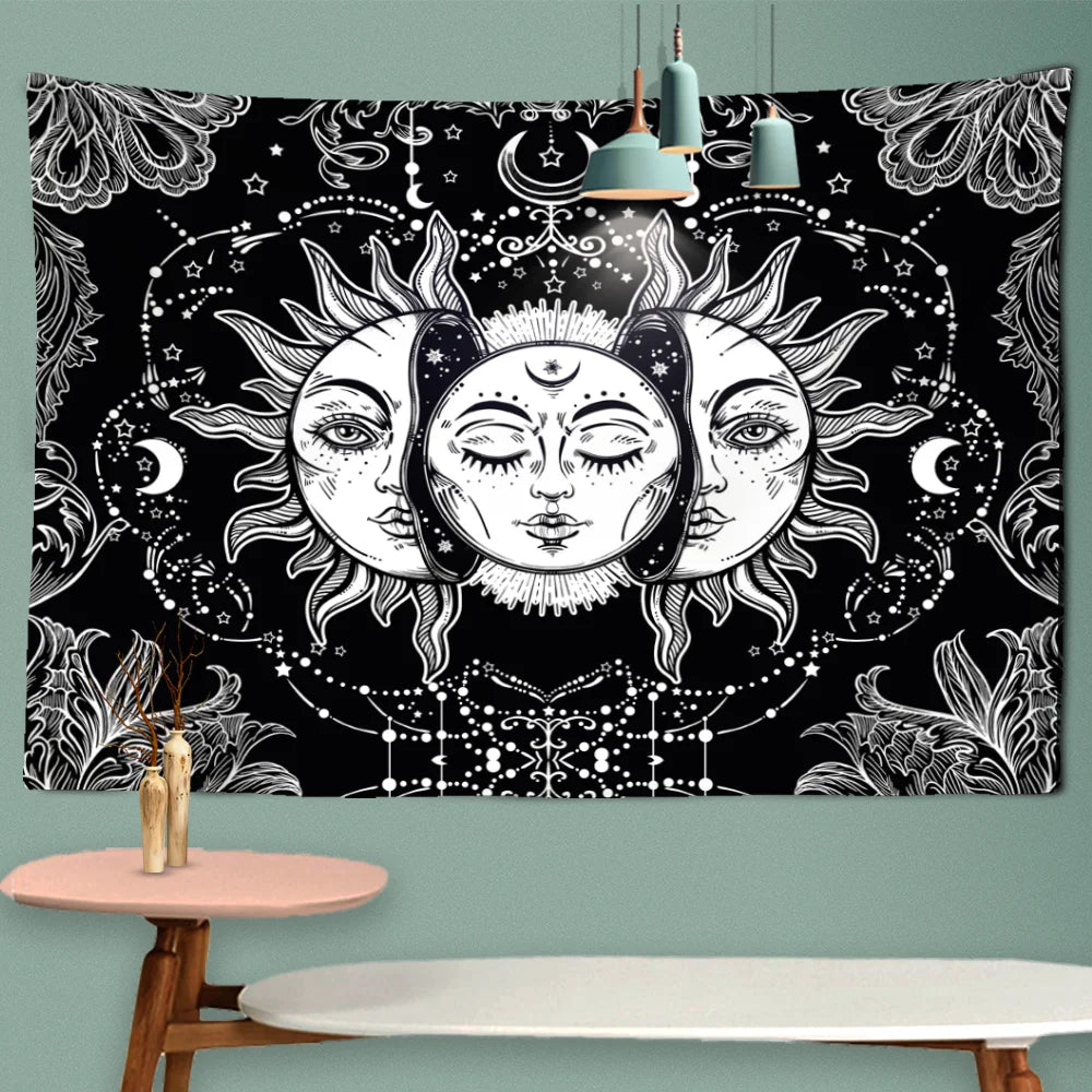 Mandala Wandteppich schwarz weiß Sonne und Mond Tarot Hippie Wandteppiche Raumdekoration