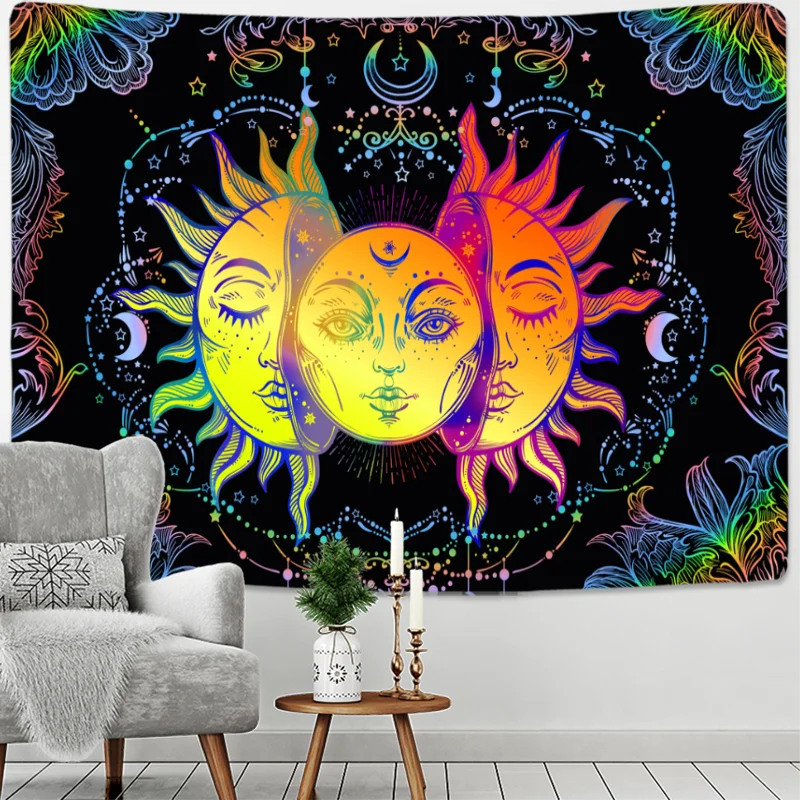 Mandala Tapeçaria branco preto Sol e Lua Tapeçaria Tarô Hippie Tapetes de Parede Decoração de Ambientes