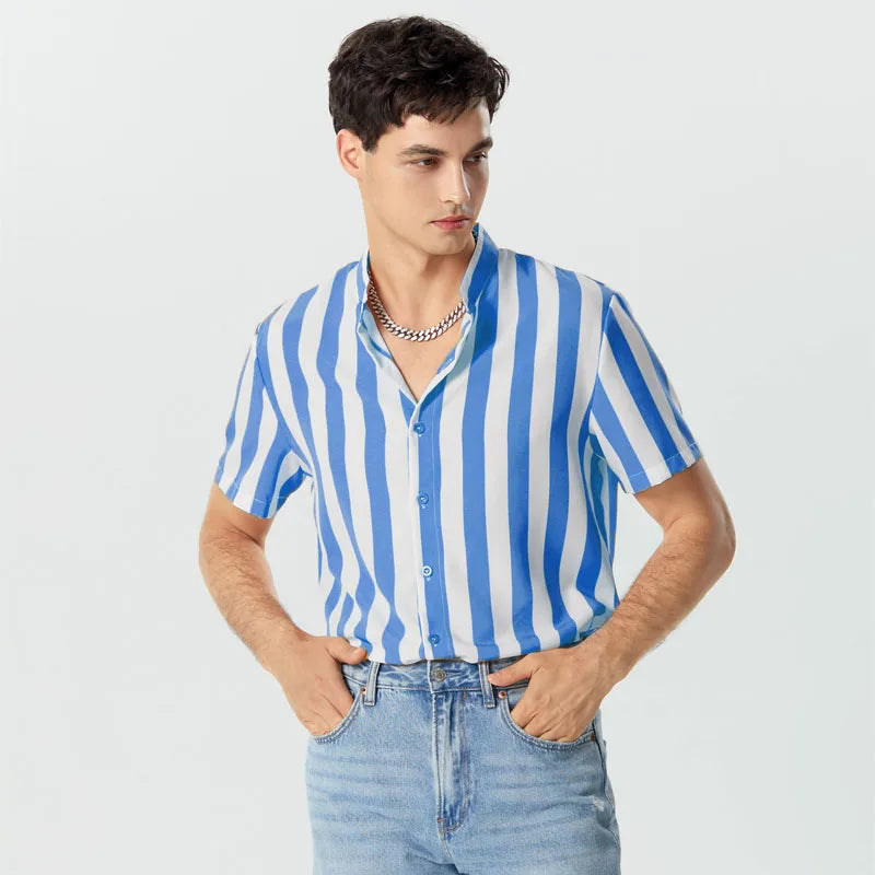 Camisa listrada gola alta manga curta casual masculina streetwear verão