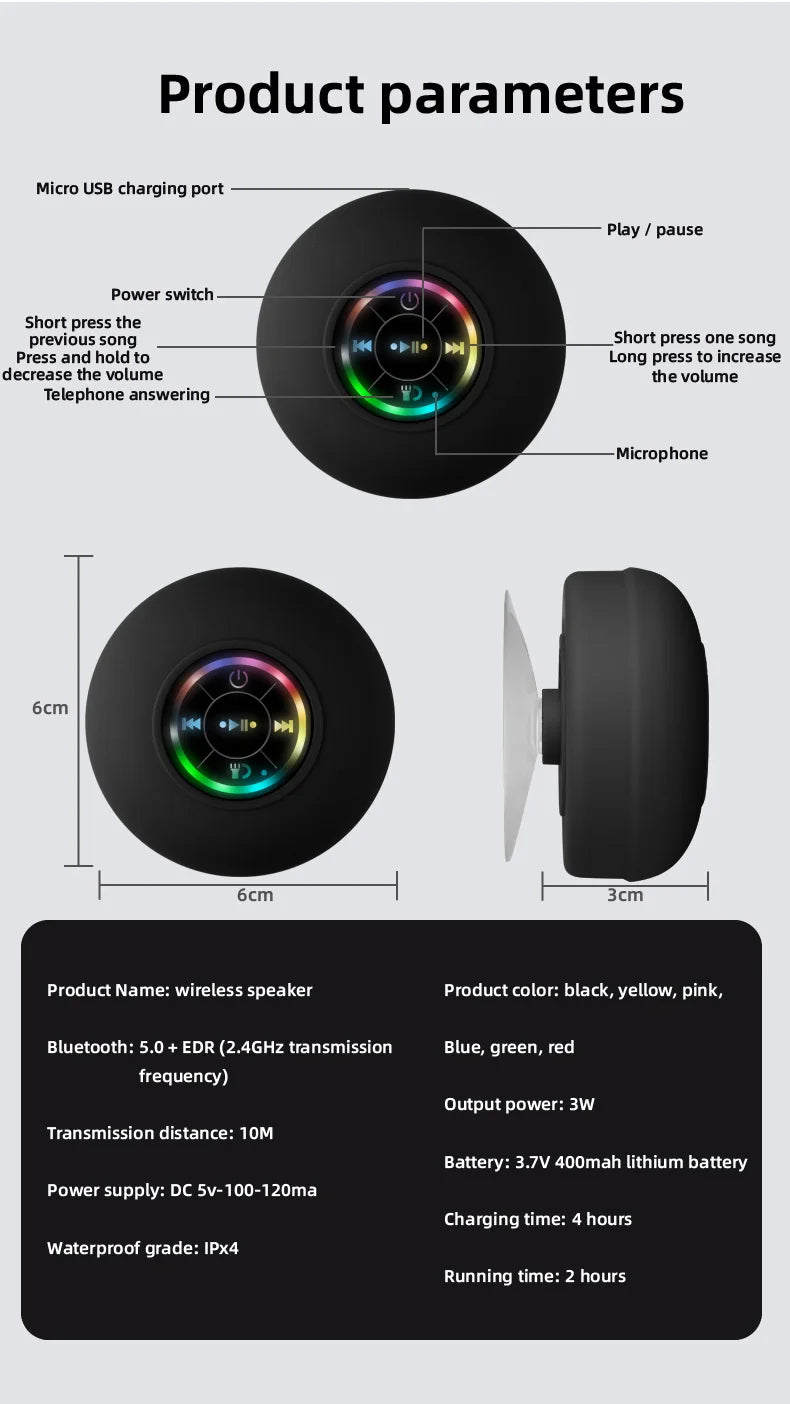 Alto-falante portátil à prova d'água para chuveiro Bluetooth com ventosa e luzes LED subwoofer estéreo surround 3D